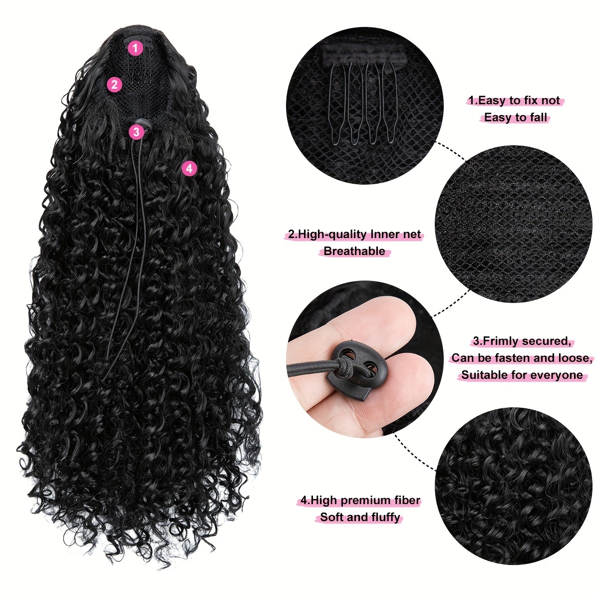  drawstring ponytail extension for women 16 inch synthetic clip in wavy pony tail details 0