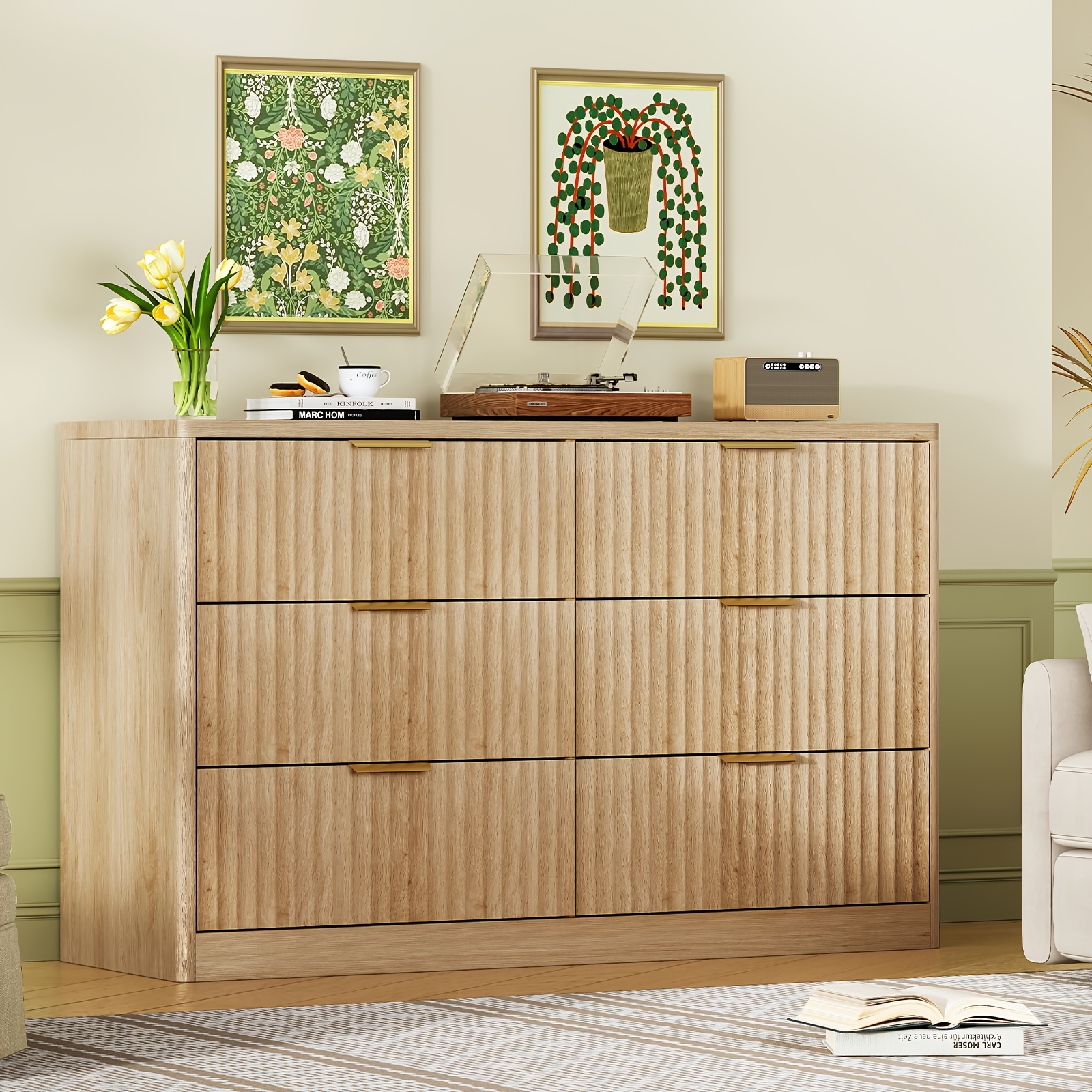 Image of Fluted 6-drawer Dresser, Modern Wood Storage Chest, Natural Oak Dresser Cabinet For Bedroom And Living Room