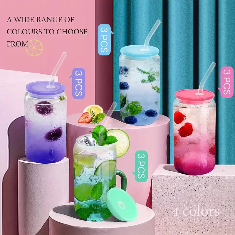 12 packs 16 oz glass cups with acrylic lids and straws can shaped glass iced coffee cups with lids gradient drinking glasses cute tumbler cup great for smoothie soda boba tea cocktail beer gift Product details 0