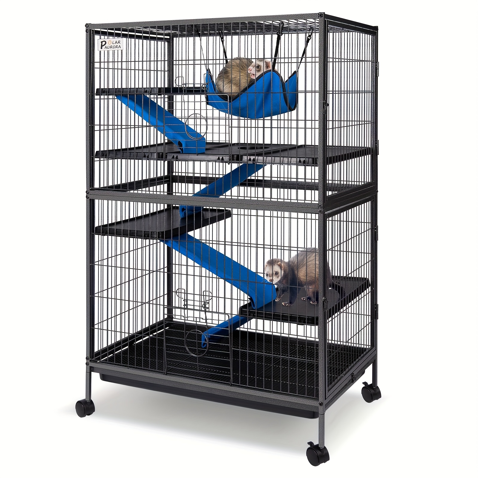 Metal Small Animal Cage 5 Tiers Homes For Pets Removable Ferret Cage With Lockable Wheels, 50" H Deluxe Chinchilla Cage With Hammock And Removable Tray