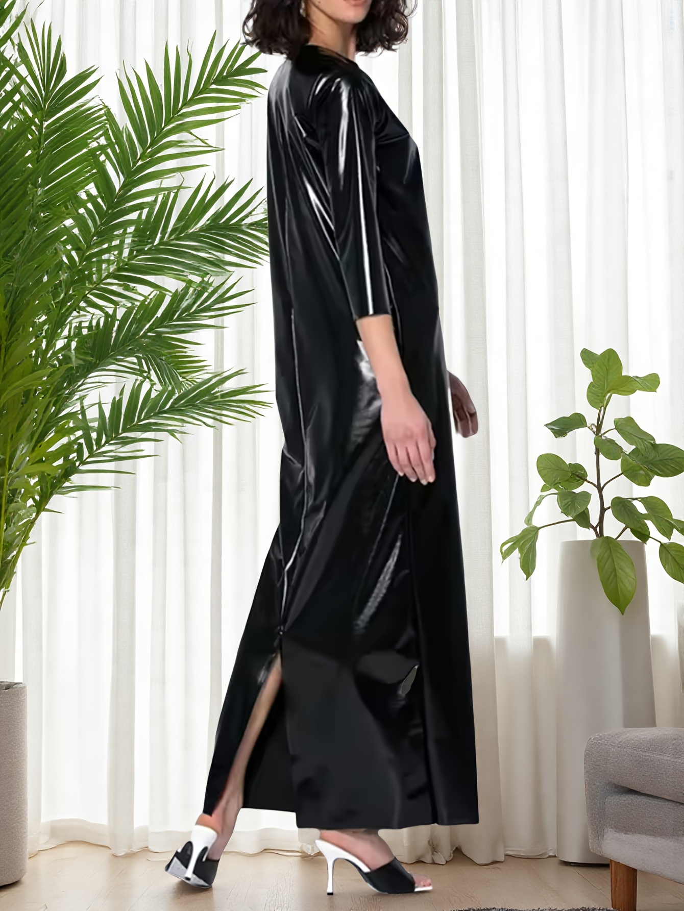 Midi Jurk Lange Lederen Jurk Glanzende Pu Leren Elegante Lange