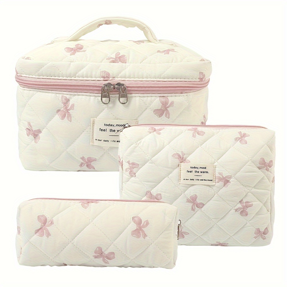 

Stylish 3-piece Quilted Cotton Floral Makeup Bag Set - Women's Lightweight Non-waterproof Toiletry Storage Bag