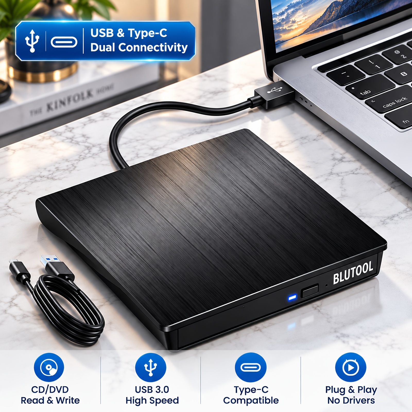 TEMU de CD DVD Externa, USB 3.0 y Tipo-C, Óptica Portátil, Grabadora/Reproductor CD/DVD-RW para Laptop, PC, Macbook, Windows y Mac OS, Plug and Play,
