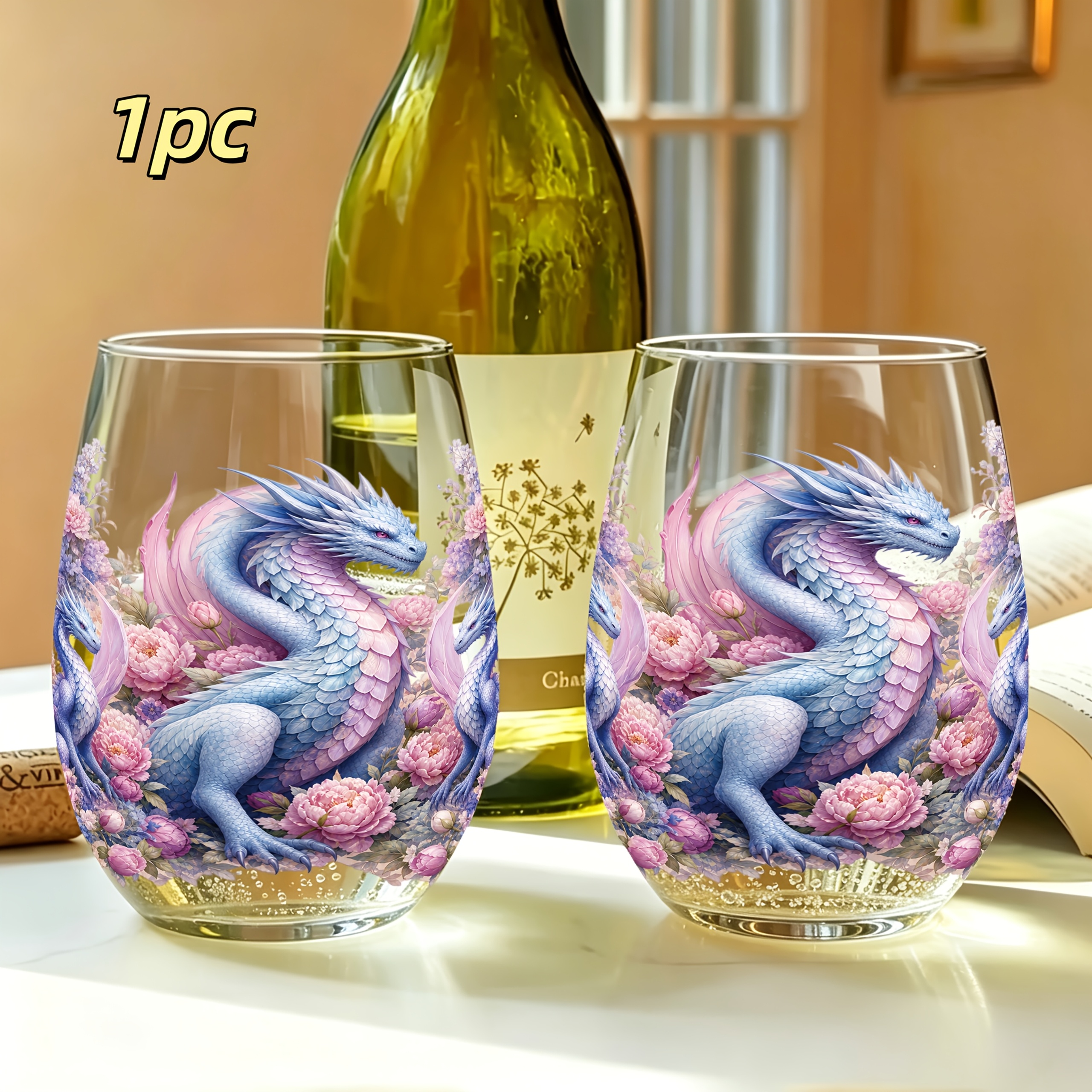 TEMU 1pc Purple Dragon Pattern Print 350ml Egg-shaped Glass, Drinking Cup, Stemless Wine Glass, Champagne And Whiskey Glass, Scratch-resistant,