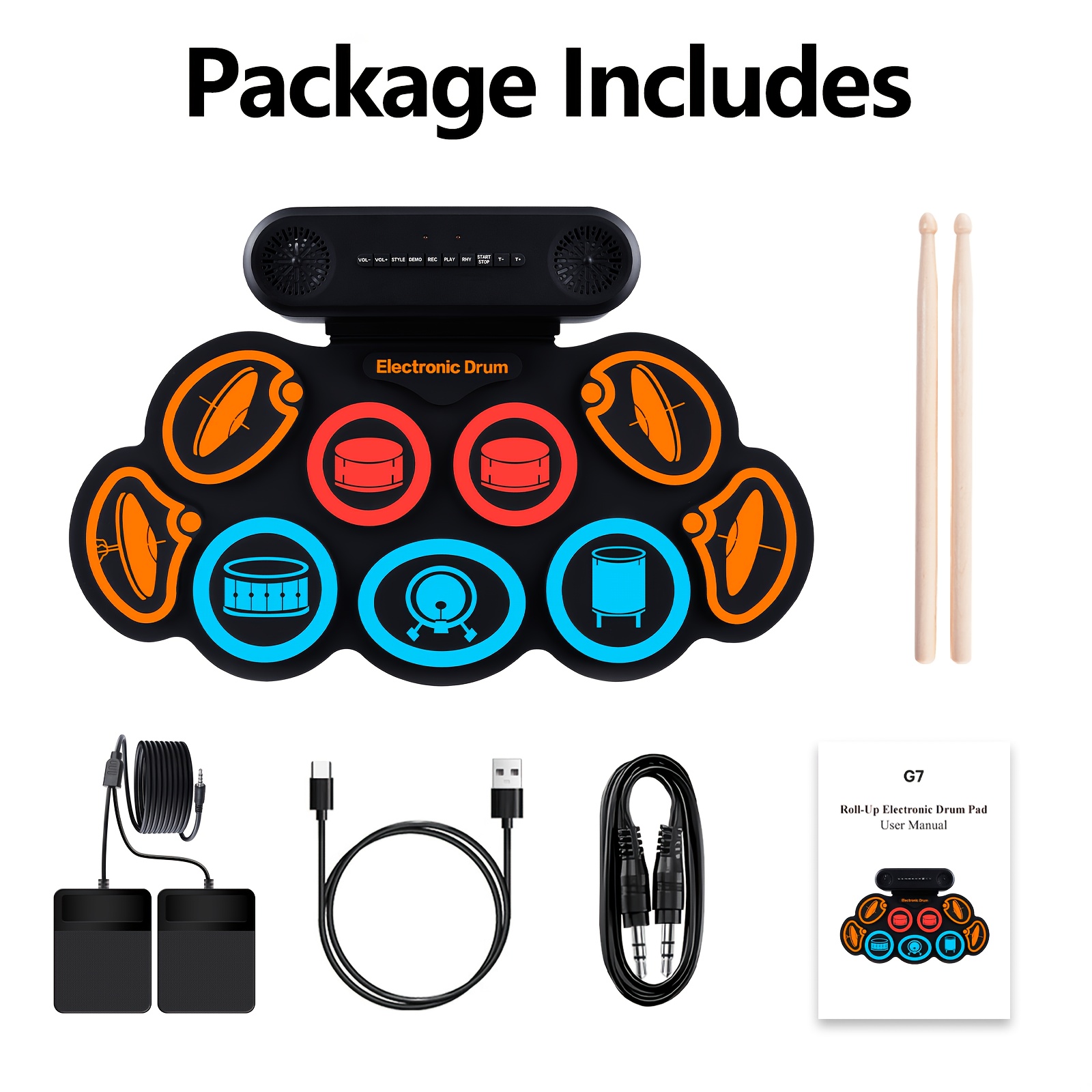 TEMU Batterie Électronique, Kit de Caisse Électrique Enroulable à 9 Pads avec Prise Casque, 10 H d'Autonomie, Haut-parleur Intégré avec et Pédales,