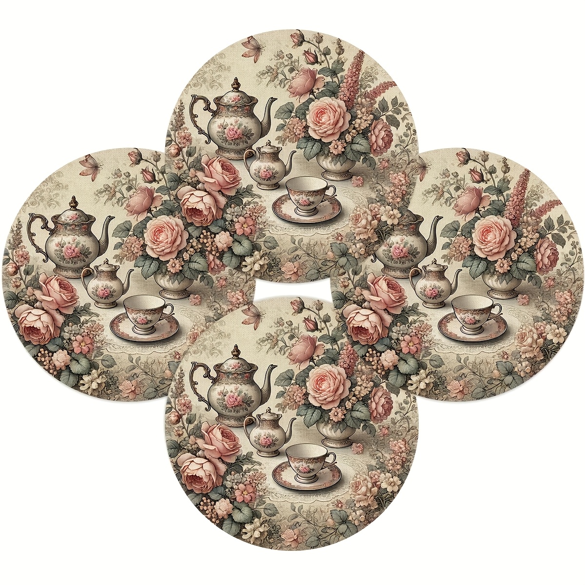 TEMU 4 Floral Teapots And Rose Placemats - 15.0x15.0 Inch Round Polyester Table Mats, Elegant And Machine-washable Table Decor, Suitable For Kitchen,