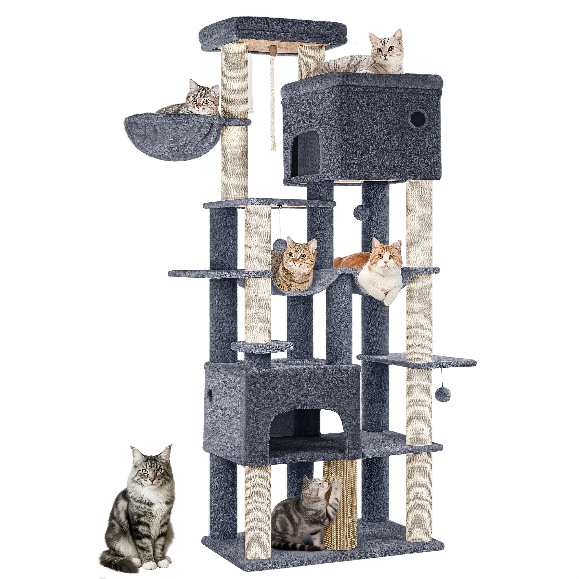 TEMU Xxl Cat Scratching Post Featuring 10 Scratching Posts, 2 Caves, 2 Hammocks, A Spacious Platform, A Cat Brush, And A Basket. This Heavy-duty Cat