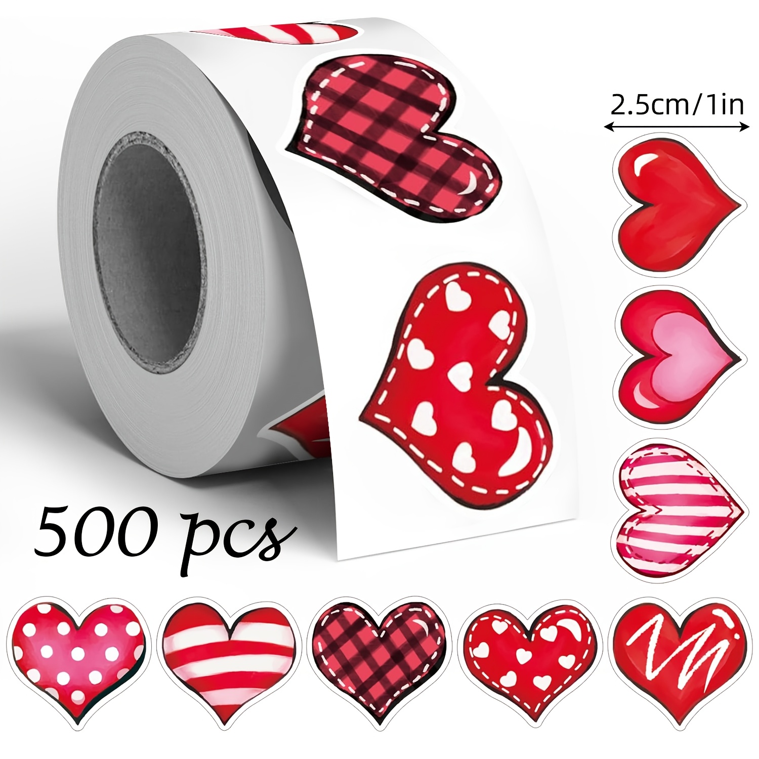 E-shop 500 Sticker pro Rolle, Y2K Herz Graffiti Sticker für Valentinstag, 1-Zoll unregelmäßige Formen mit 8 Designs, geeignet für Valentinstag,