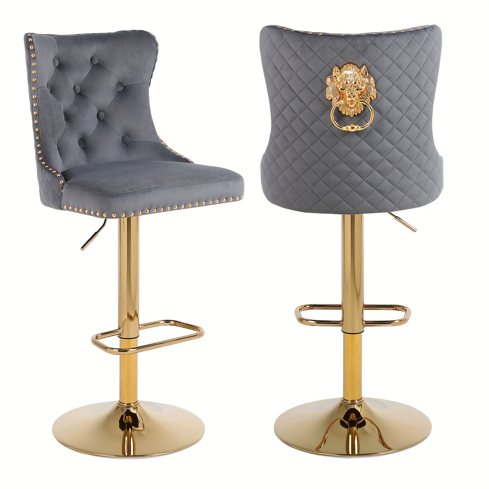 Set of 2 Modern Adjustable Velvet Bar Stools with Lion Head Pull