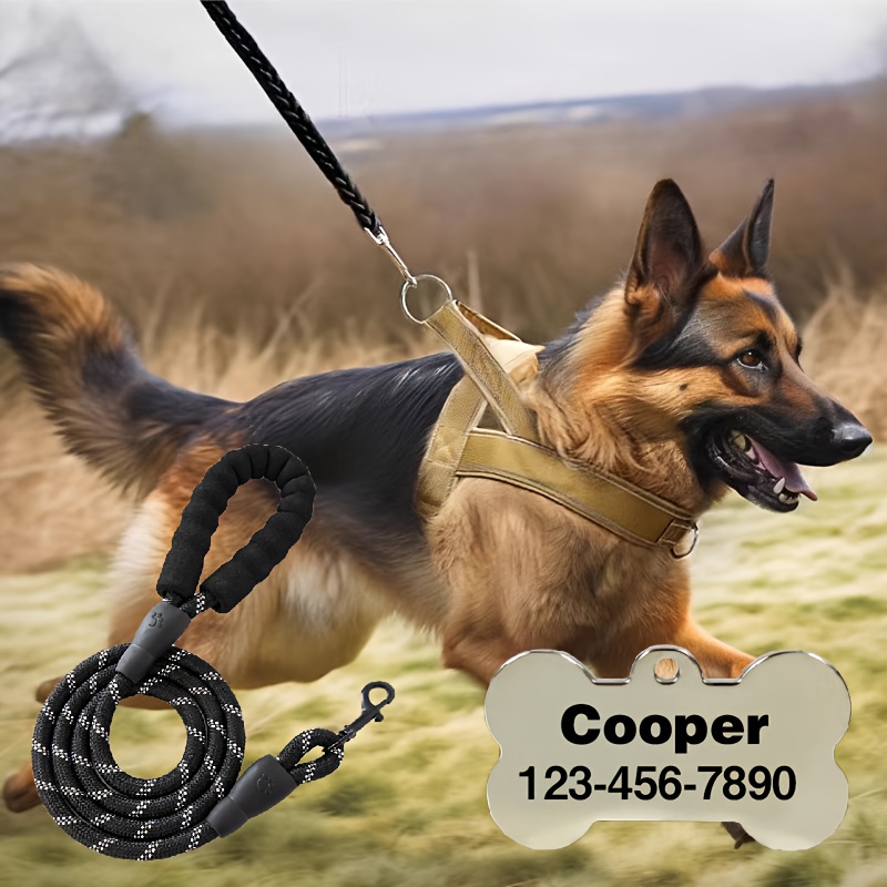Custom Dog Tags Set with Tactical Harness & Reflective Leash