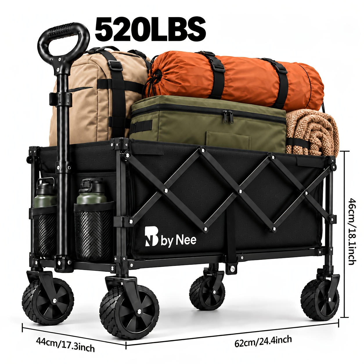 TEMU Wide-wheel Folding Utility Wagon, Heavy-duty Reinforced Large-capacity Collapsible Pull Cart With Adjustable Handle And Dual Cup Holders,