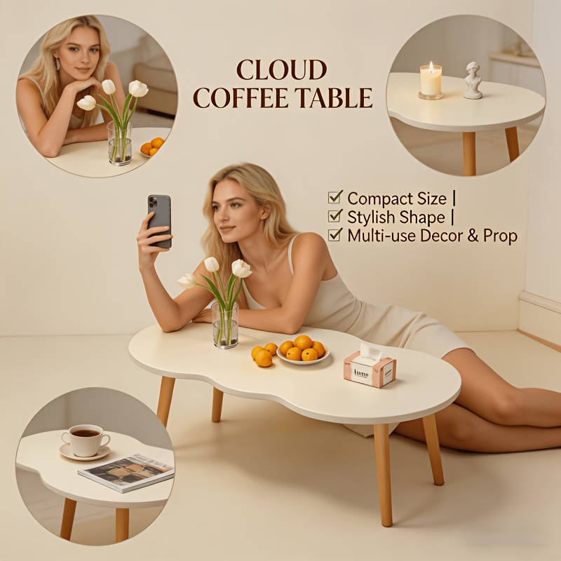 Modern Cloud-Shaped Coffee Table with Wavy Edge - Space-Saving Low Table Suitable for Small Spaces, Minimalist Nordic Style Engineered Table for Apartments, Easy Assembly Sofa Side Table for Bedroom, Balcony & Living Room Decor