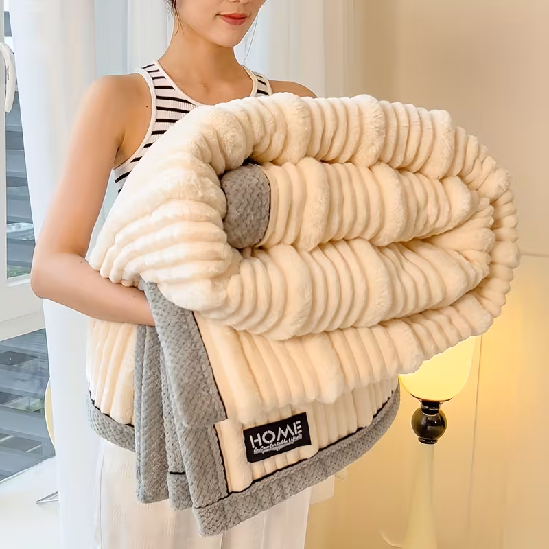 contemporary striped faux rabbit fur blanket soft warm thick bed and sofa throw for machine washable polyester ideal gift for christmas present Product details 4