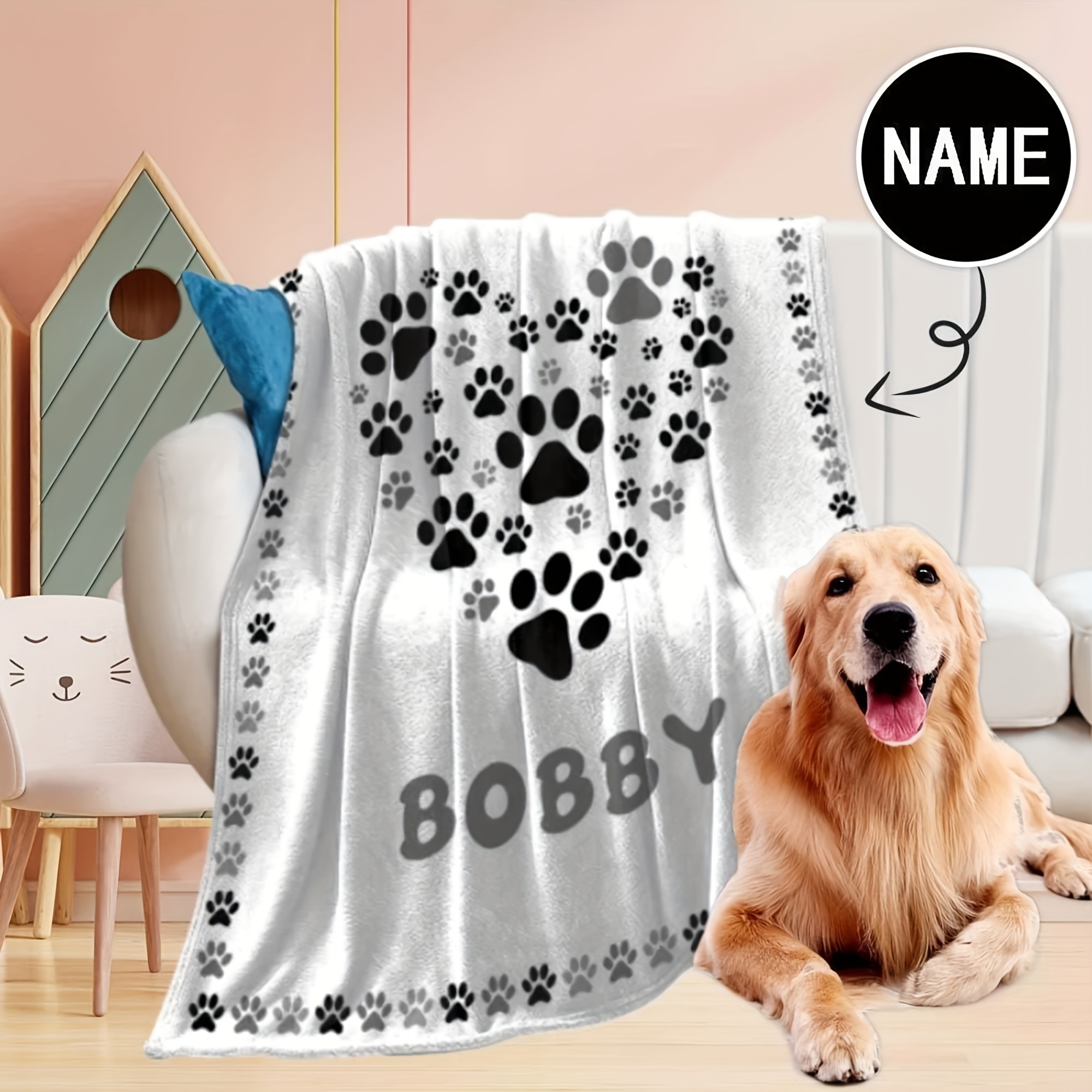 

Personalized Pet Name Blanket, Cute Paw Print Soft Comfy Dog Bed Mat, Custom Pet Dog Name, Plush Dog Sleeping Flannel Blanket