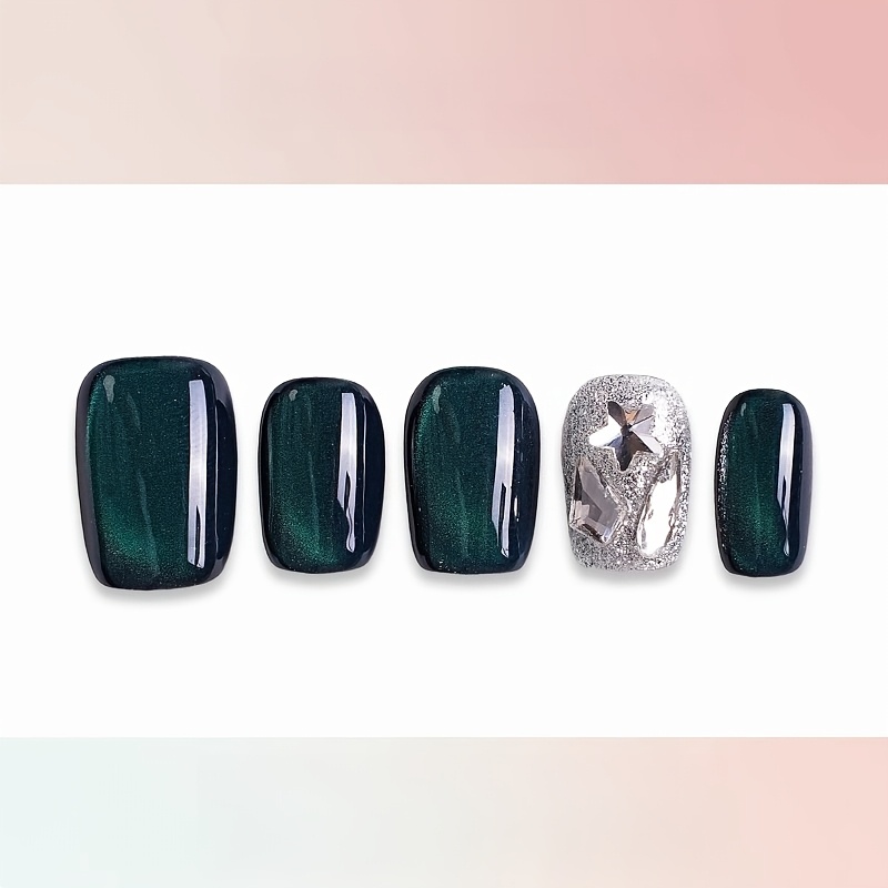 TEMU High End Handmade Wearable Nail Art With Dark Green That White, Light Luxury, And High-end Feel. The Is Detachable Press On Nails 10pcs Of Fake Nails In A Short Square Package