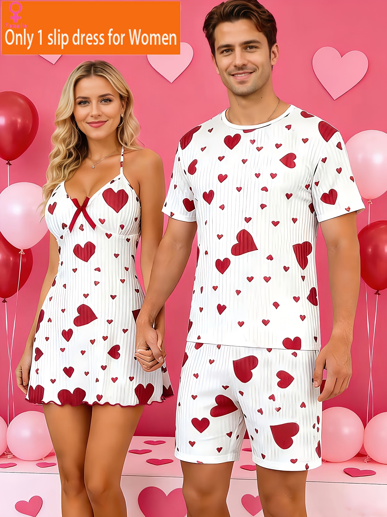 MEN/WOMEN Romantic Valentine's Day Couple's Style Heart Print Ribbed Fabric Men's Short Sleeve Shorts Set or Women's Halter Tie-Strap Camisole Dress (Men's Style: 1 Top + 1 Pair of Pants; Women's Style: 1 Dress)