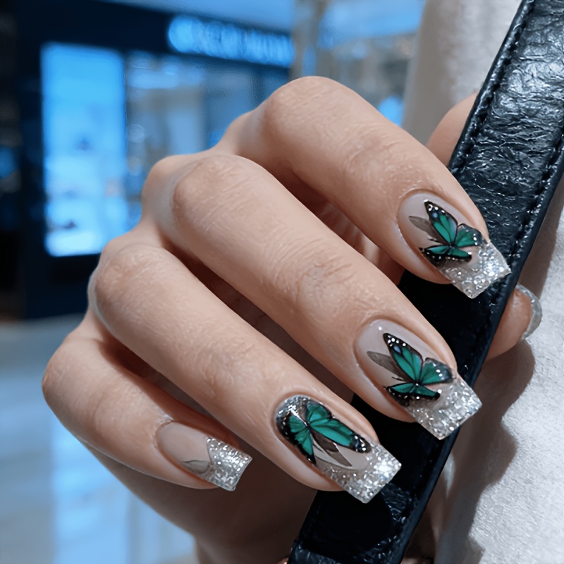 nail art for green dress 24pcs medium length square shape false MSS-ACTIVE