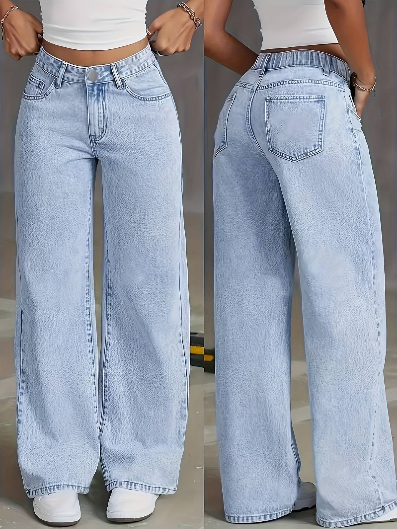 womens     wide leg jeans with elastic back waistband vintage washed loose straight leg pants casual fashion