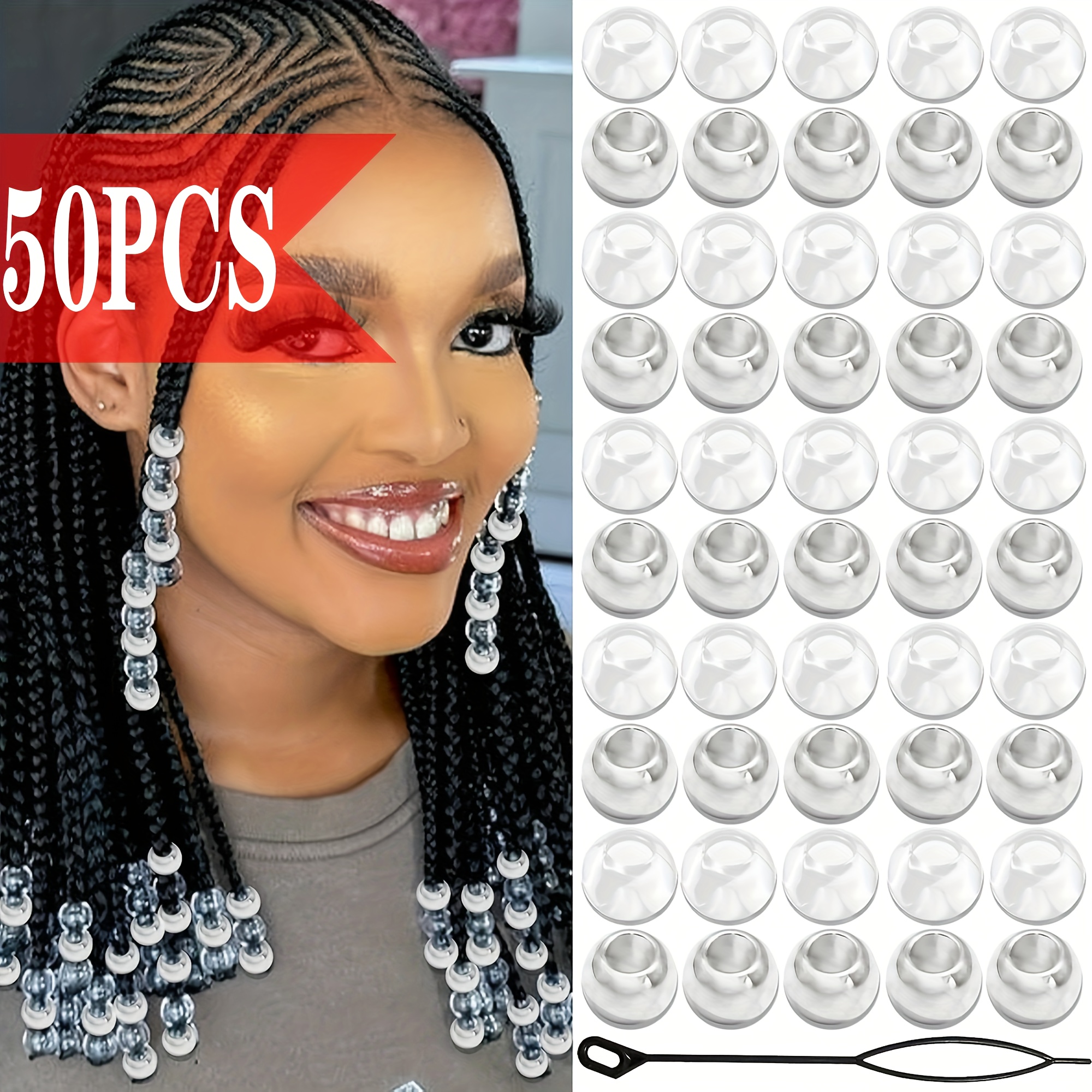 50 Silvery Hair Beads Loc Dreadlock, Large Transparent Bead Accessories, Braids, Women's Hair Decoration Accessories, Jewelry Making Kit