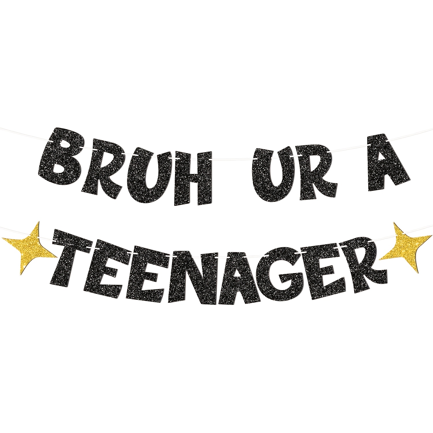 TEMU 1 Set, "bruh Ur A Teenager" Black Glitter String Banner With Golden Stars, Funny Teen Birthday Bunting, Official Teenager Birthday Party Garland