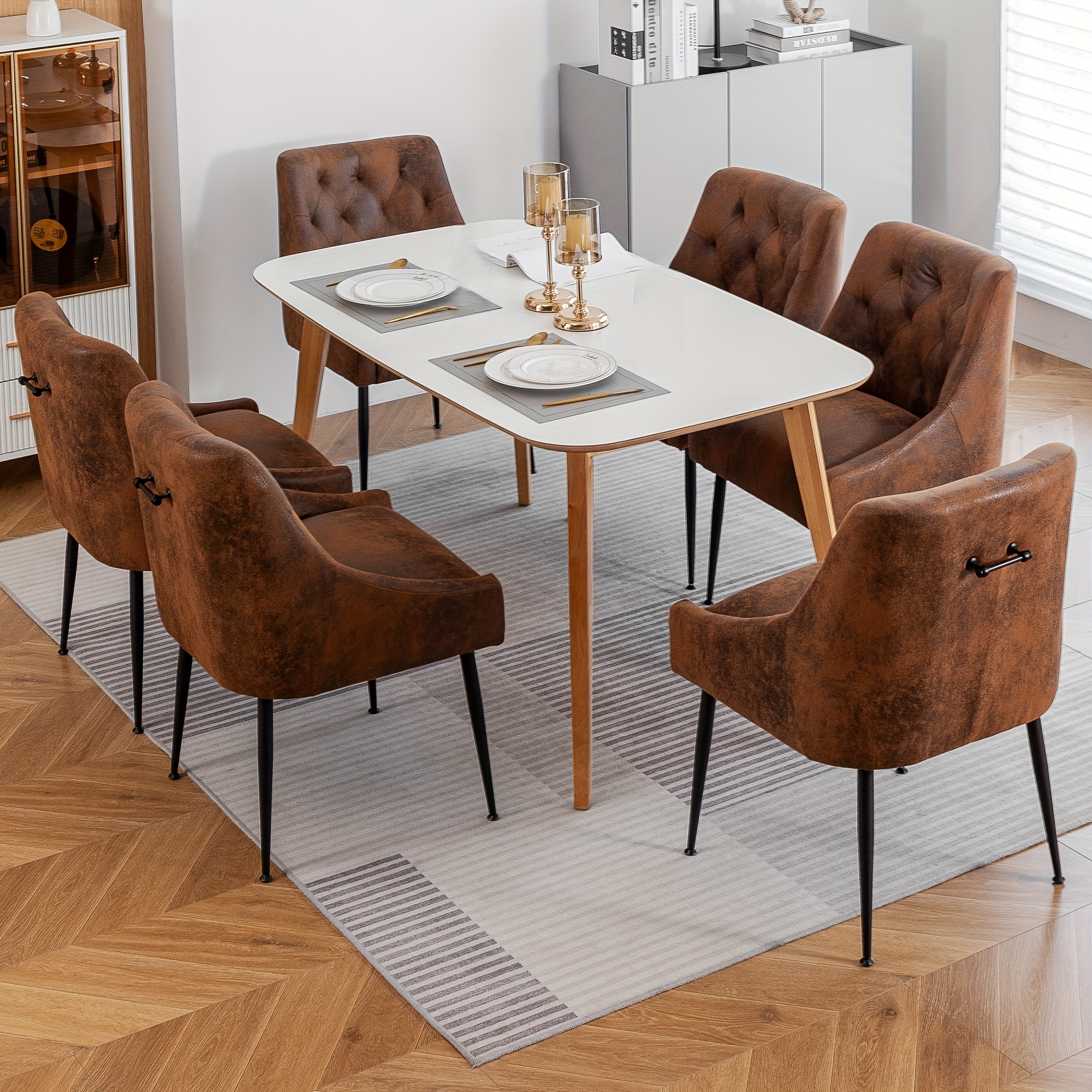 Image of 6pcs Mid Century Kitchen Dining Chairs With " Cushions And Black Metal Legs, Modern Dining Chairs, Upholstered Dining Chairs With Back Pull Rod For Kitchen, Living Room