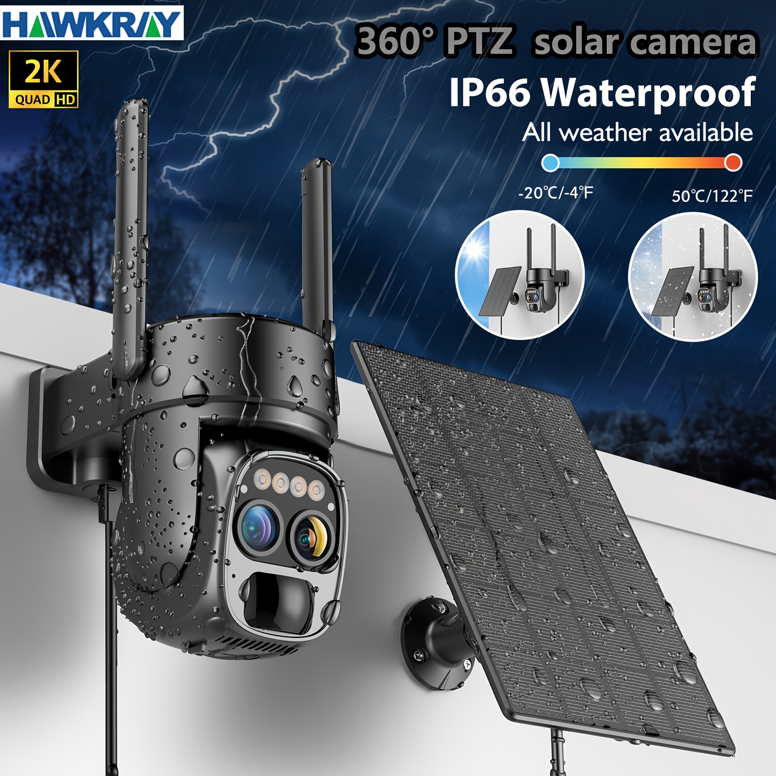 

Hawkray [10x Zoom] 360-degree Low-power Cctv Solar Panel Battery 2k Fhd Wifi Camera With Spotlight Alarm, Motion Detection, Color Night Vision, Two-way Audio And Ip66 Waterproof