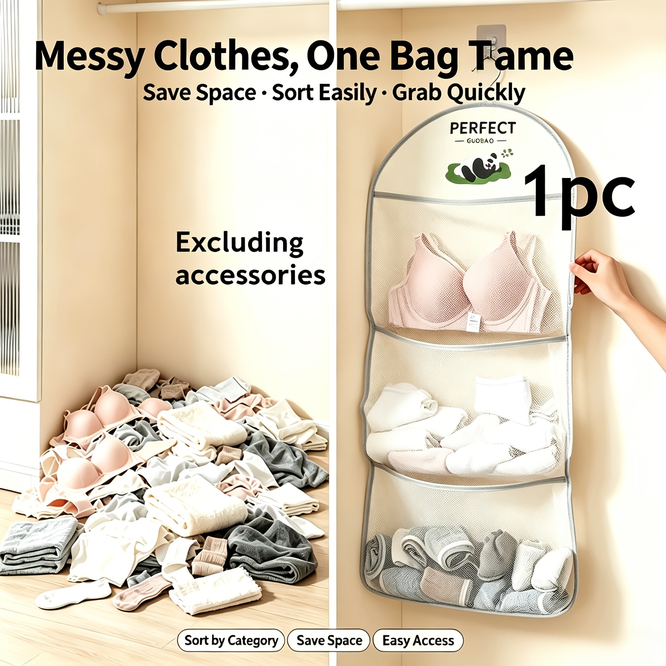 TEMU 3-layer Hanging Underwear Sock Organizer Bag - Transparent Wall-mounted Clothing Rack, Suitable For Dormitory And Home Use