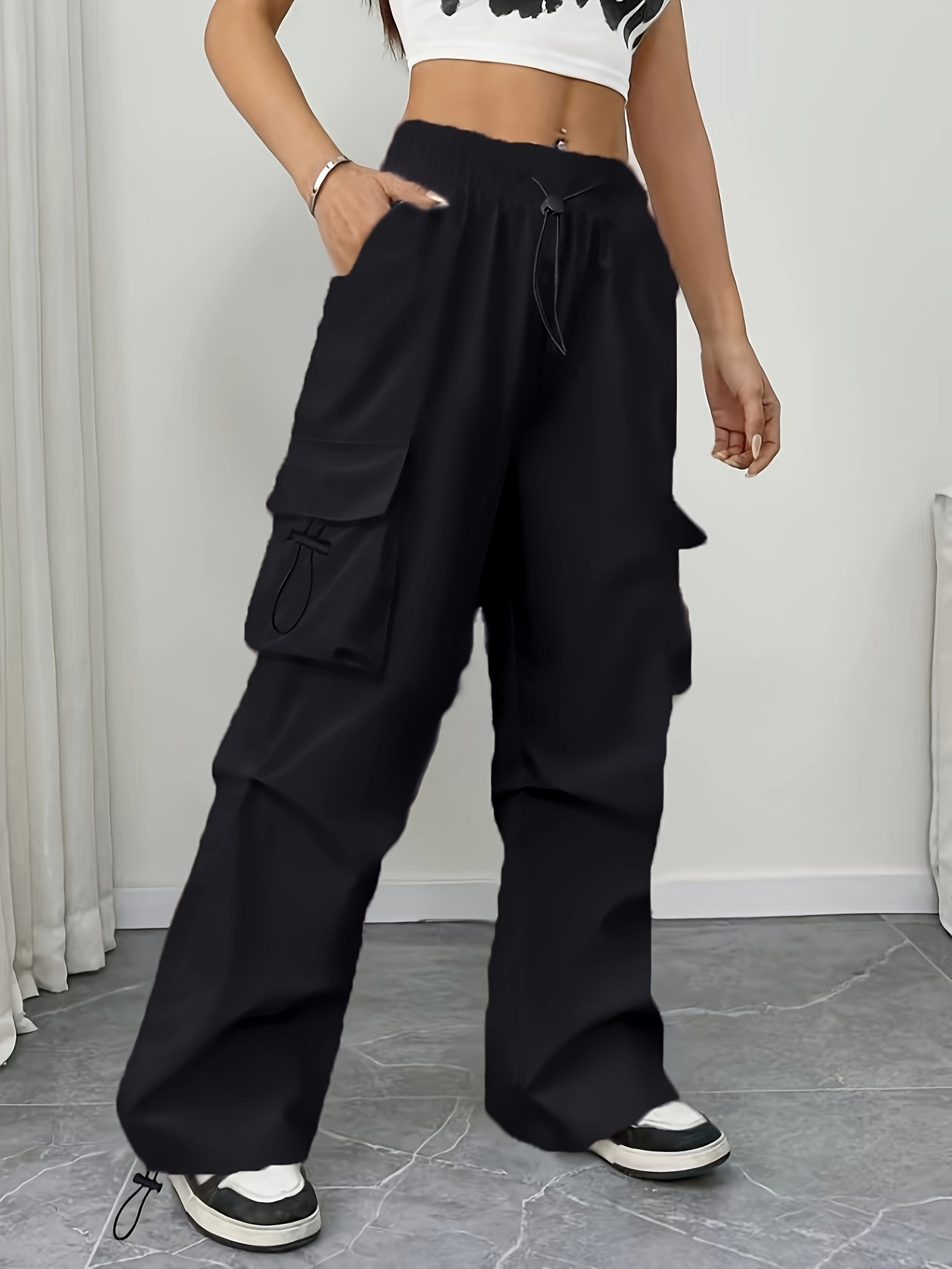 womens retro cargo pants black loose fit drawstring waist Temu