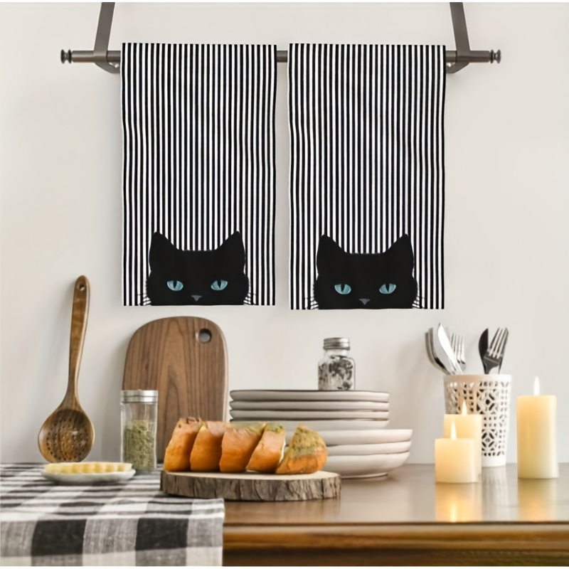 

2pcs Microfiber Hand Towels With Black Cat & - Quick Dry, Absorbent Kitchen Towels For Cleaning And Decor - Machine Washable, Rectangular, Theme