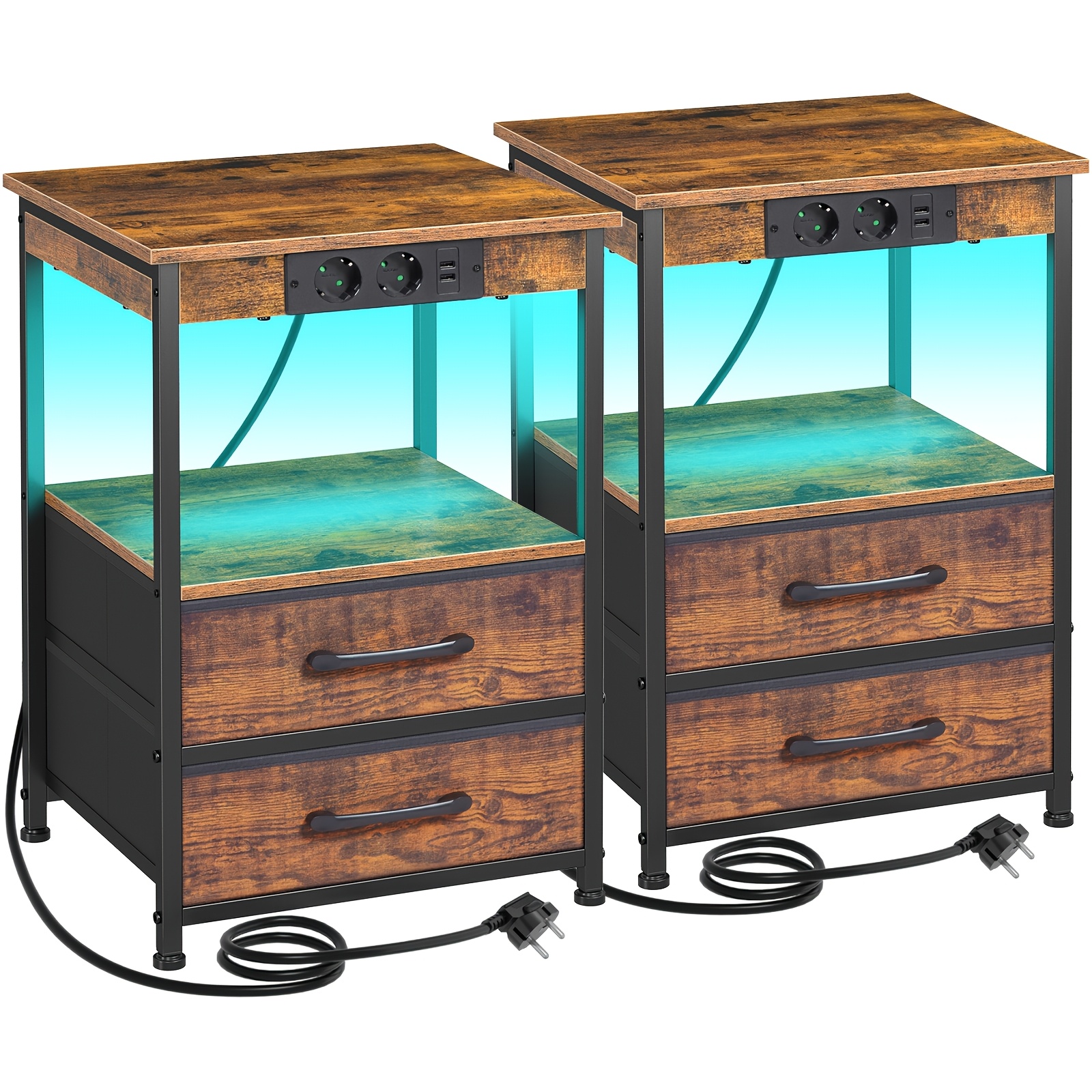 Image of Amhancible 2pcs Bedside Table Set With Charging Station, Led Light, And 2 Fabric Drawers. Sturdy, Durable, Stylish, And Suitable For Bedrooms And Living Rooms.