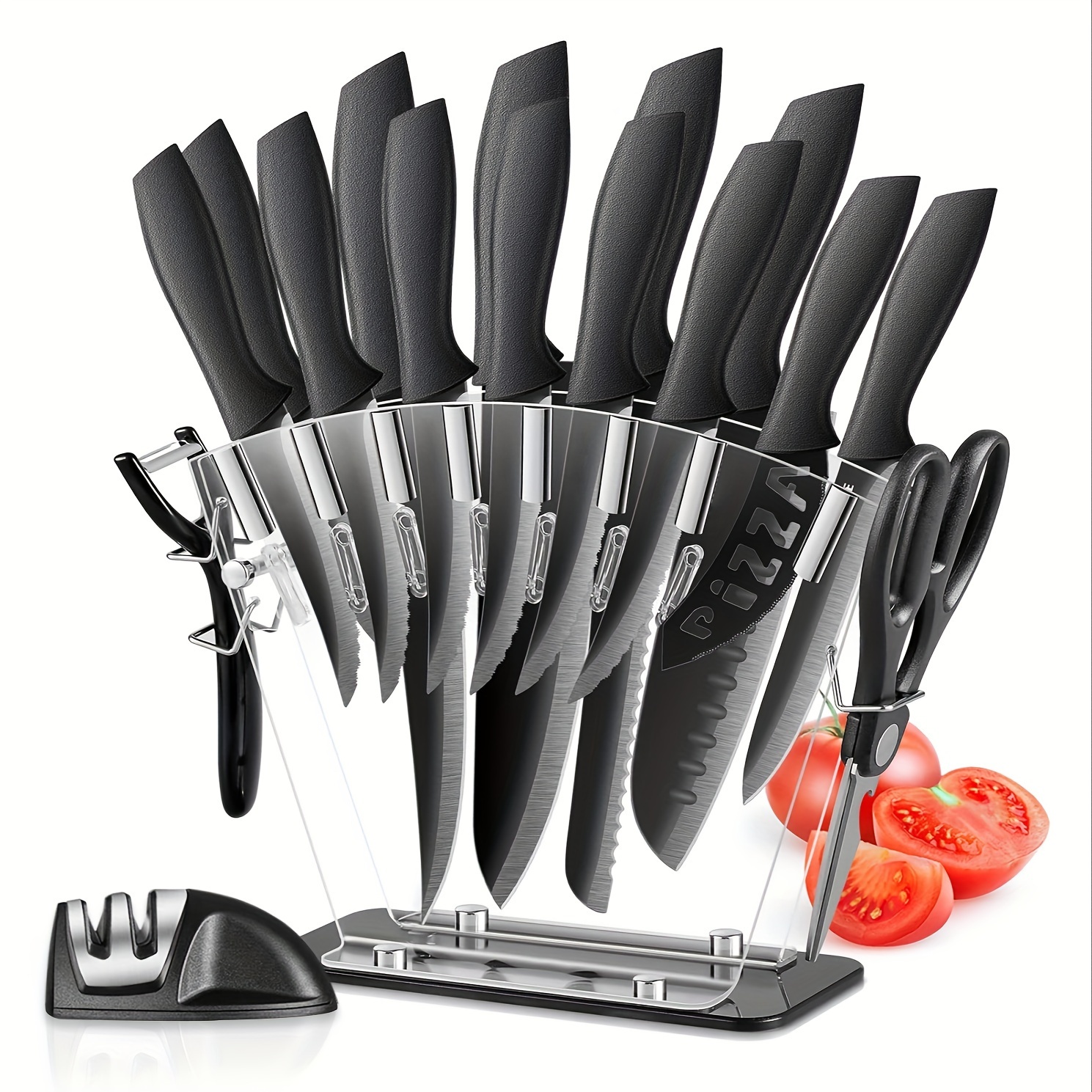 TEMU 17pcs Kitchen Knife Set With Acrylic Block, German Stainless Steel, Includes Chef Knife, Paring Knife, Scissors, Sharpener, Nonstick, , Black