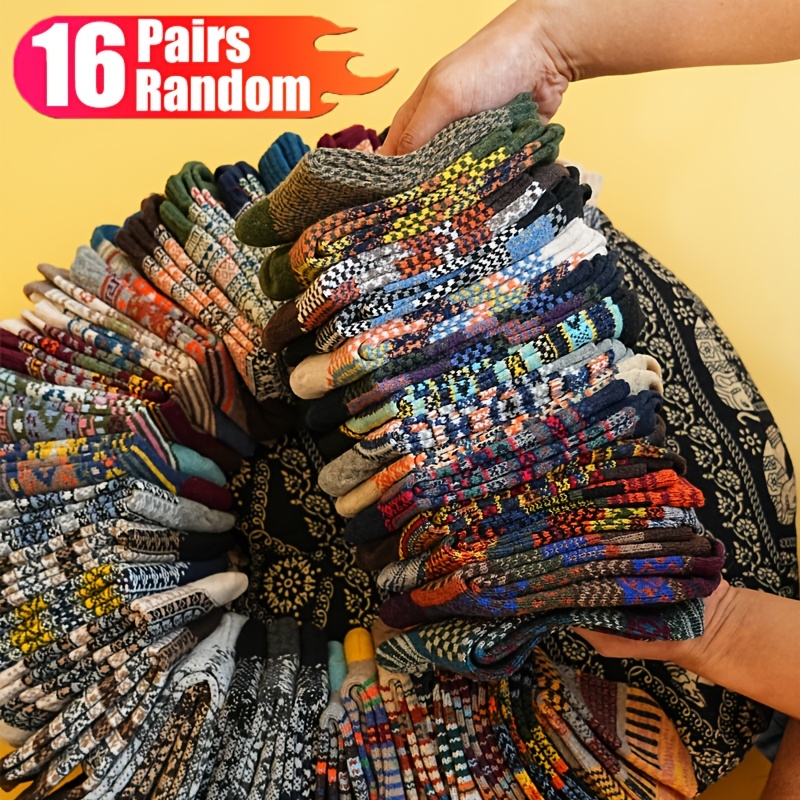 Image of Random 16 Pairs Comfortable Retro Tribal Pattern Mid-calf Socks - Unisex Thick Warm Autumn Winter Gift Set - Soft Cozy And Warm Suitable For And Outdoor Activities, For