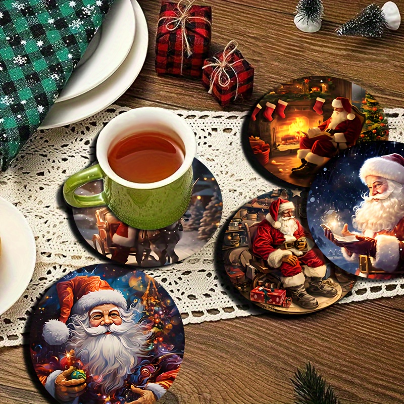 

6-piece Christmas Santa Claus Pattern Wooden Coaster Set - Heat Resistant, Anti-slip, Durable Table Mats For Home, Office, And Themed Party Gifts