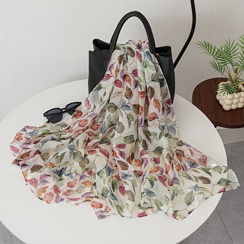 TEMU 1pc Women' Colorful Leaf Print Bali Yarn Scarf, Summer Lightweight Breathable Shawl, Beach Vacation Yarn Scarf, Versatile