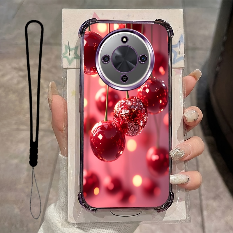 TEMU Phone Case: Sparkly Cherry Pattern Phone Case With Lanyard, Soft Tpu Protective Cover, 2pcs Set: 1 Phone Case + 1 Lanyard,compatible With Honor