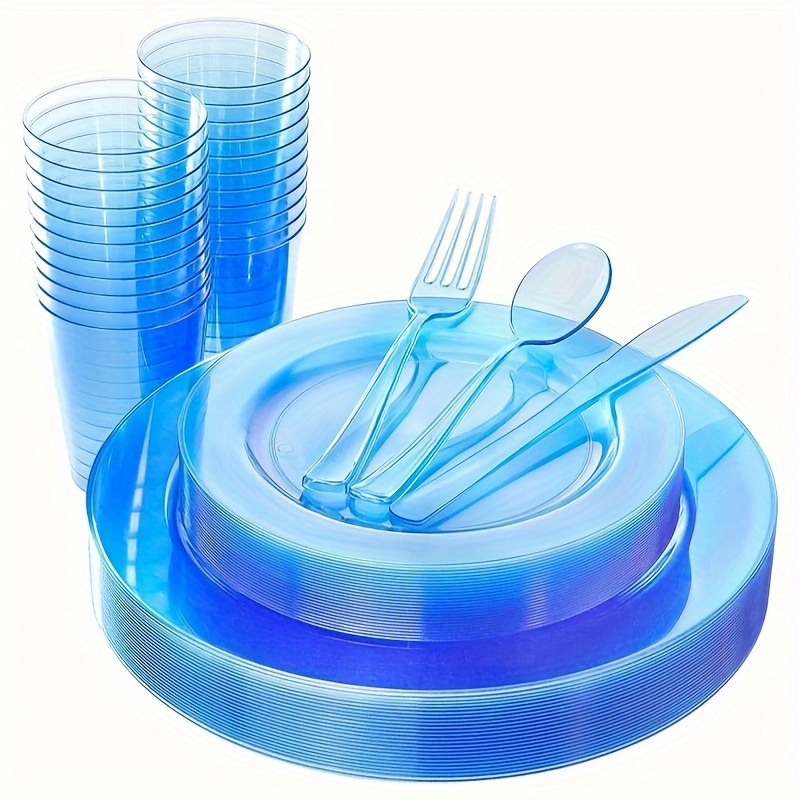 

25 Guest Blue Plates With Disposable Plastic Silverware&blue Cups-neon Clear Plastic Dinnerware Include 25 Dinner Plates, 25salad Plates, 25forks, 25 Knives, 25 Spoons, 25 Plastic Cups