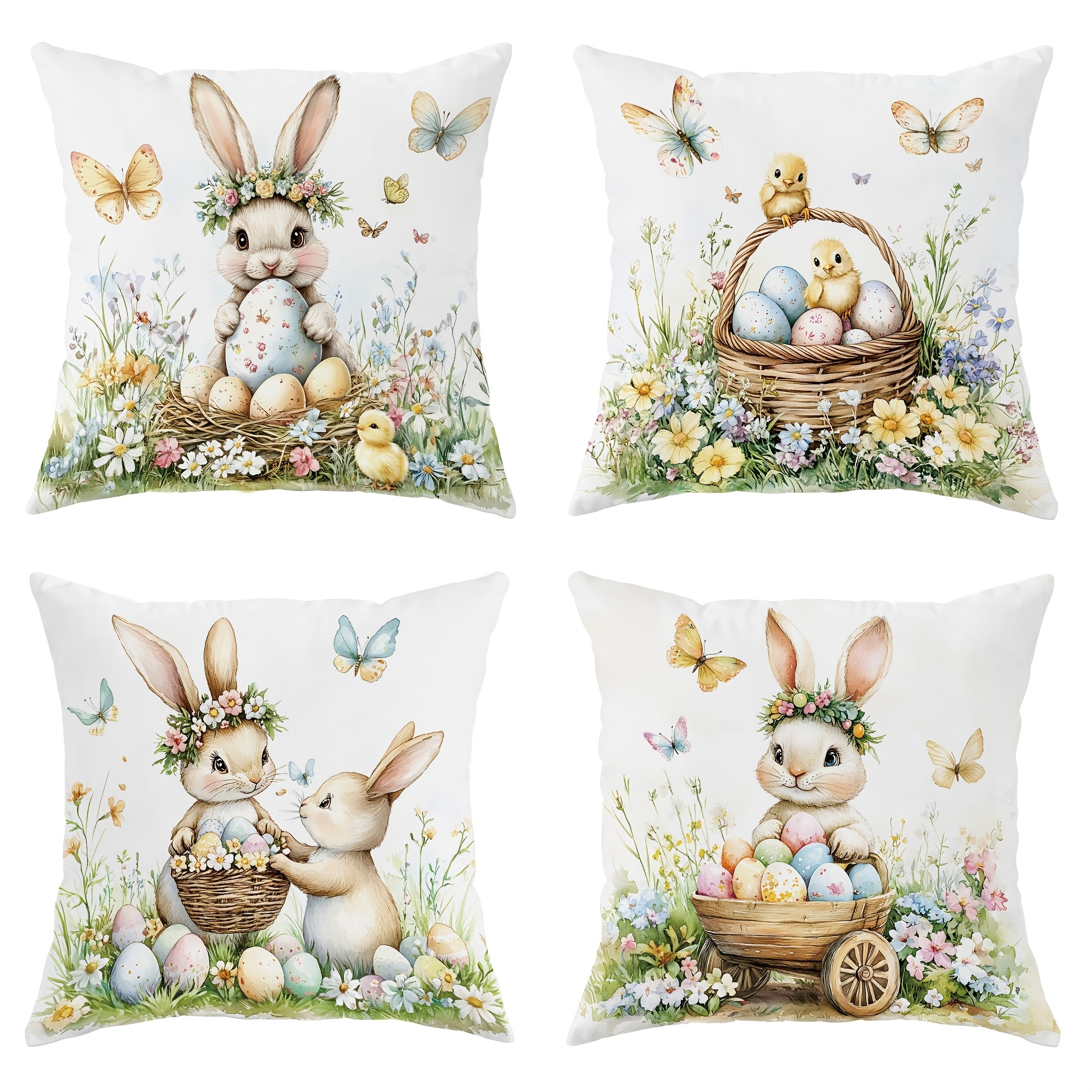 

4pcs Easter Decoration Bunny Easter Eggs Rabbit Floral Velvet Throw Pillow Covers Cute Soft Decorative Pillowcases 1 Sided Printing For Spring Living Room Bedroom Sofa Bed Decor Without Pillow Inserts