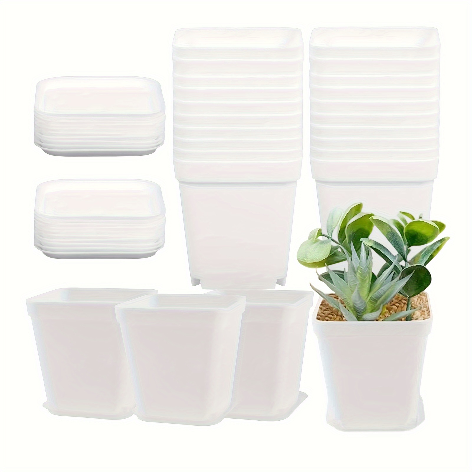 

24pcs Of White Square Plastic Flower Pots With Tray, Drainage Holes, Suitable For Flowers/plants, Home, Company, Office, And Garden (white)