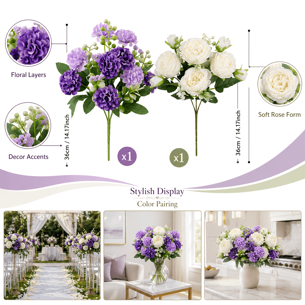 TEMU 2pcs Bouquet Décoratif Artificiel Blanc Violet, Fausse de Mariage, , Centre de Table de Mariage, Centre de Table, Décoration de , Fête de