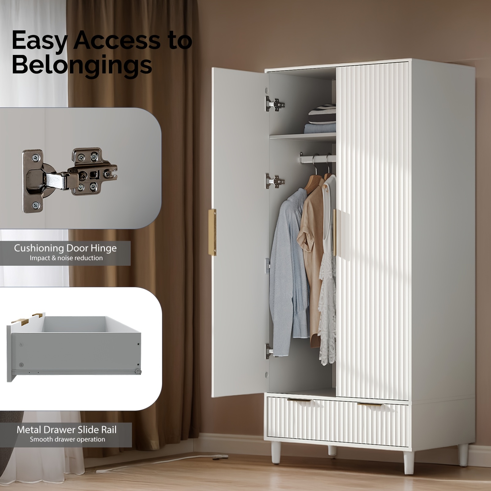 Bonnlo Fluted Wardrobe Armoire - Freestanding Wood & MDF Cabinet with Hanging Rack, Shelves & Drawers, Pre-Assembled Bedroom Closet Suitable for Apartments, Dorms, Small Spaces