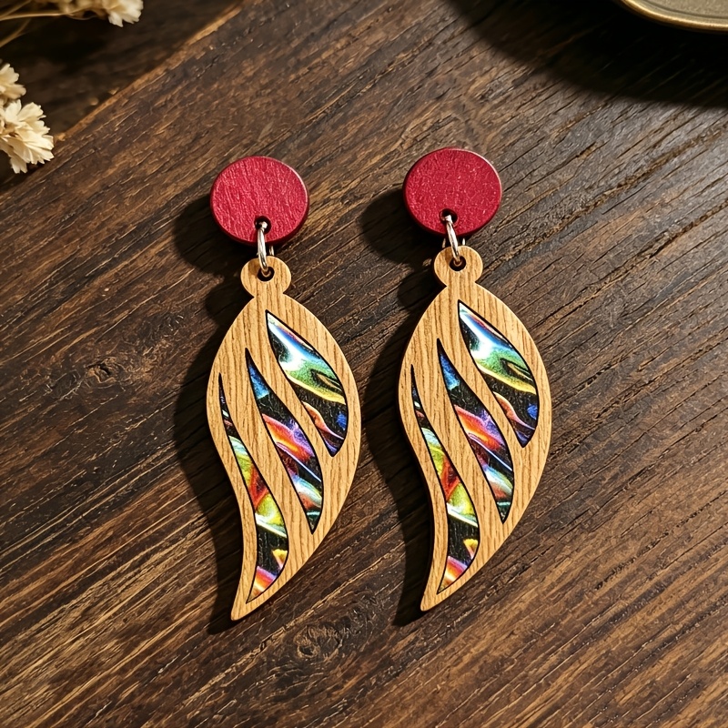 Bohemian Leaf-Shaped Iridescent Printed Wooden Earrings