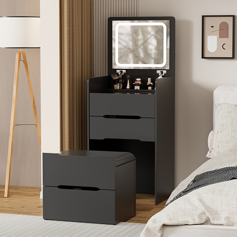 Image of 3-in-1 Dressing Table, Makeup Vanity Desk With Mirror And Tools, Small Vanity Set With 3 Drawers, Glass Top, For Bedroom, Dressing Room, Living Room, Black