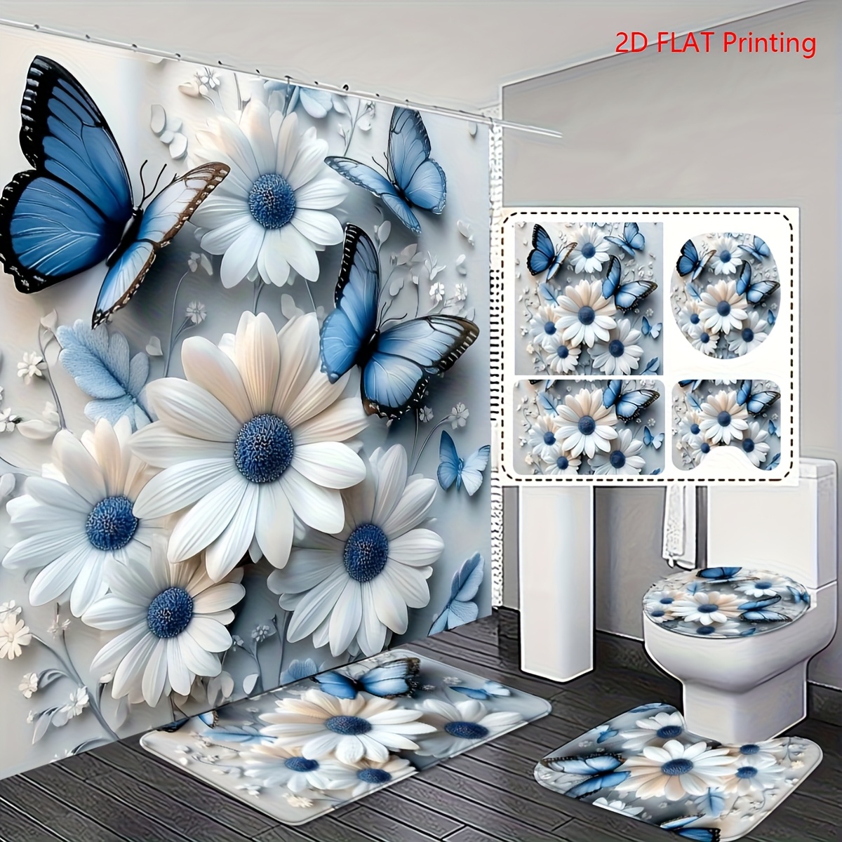 TEMU 2d Flat, 2d Flat Printing. 4pcs. Fashionable And And Daisy Flower Bathroom 2d Curtain Set With Matching And Toilet Lid Cover Exquisite And