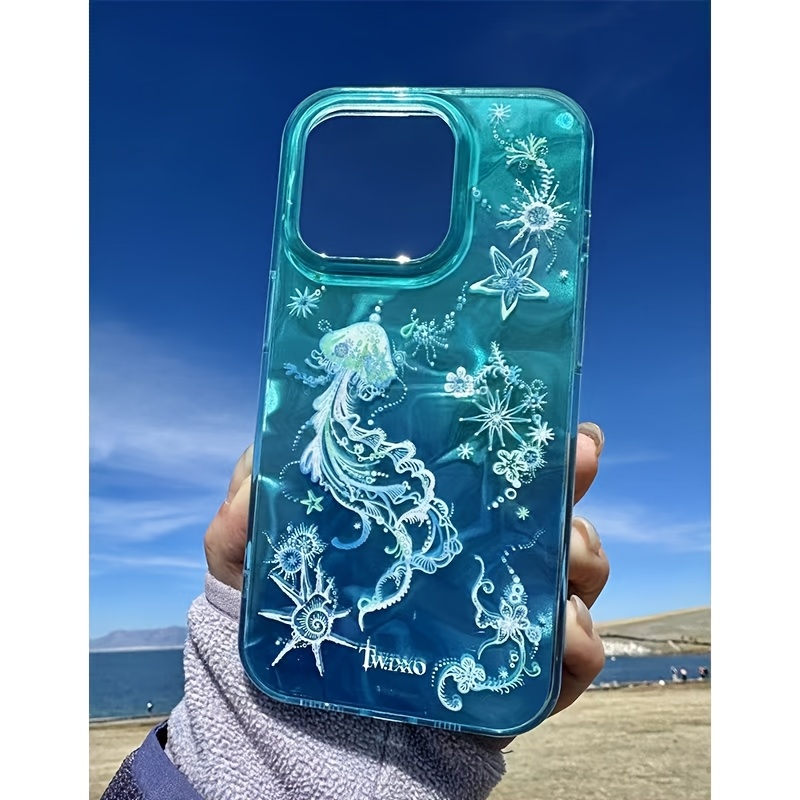 TEMU Phone Case: 1pc Korean-style Phone Case Featuring A Laser-cut Ocean Jellyfish Design, Compatible With Iphone 17/17 Air/16/15/14/13/12/11 Pro