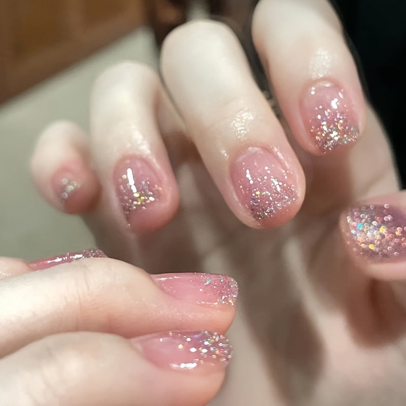 TEMU 24pcs Of Soft Pink Glossy Short Square Press-on Nails With Mirror Powder Design, Including 1 Sheet Of Jelly Adhesive And 1 Nail File
