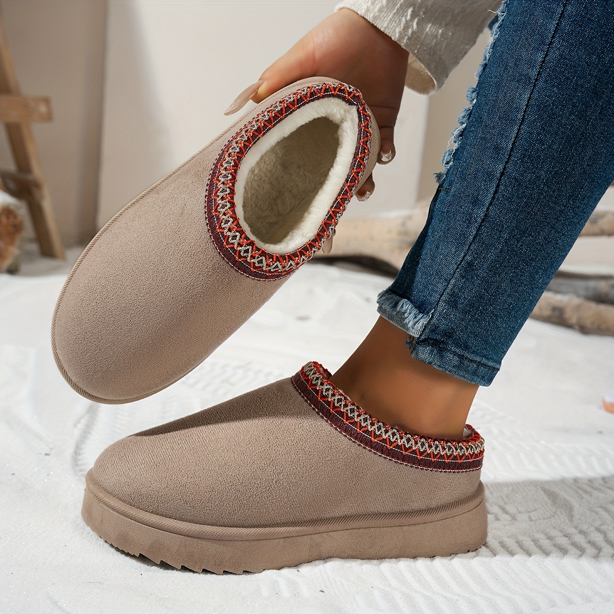 Women's Winter Slip-on Ankle Boots With Ethnic Woven Collar, Comfortable Indoor House Slippers, Women Shoes