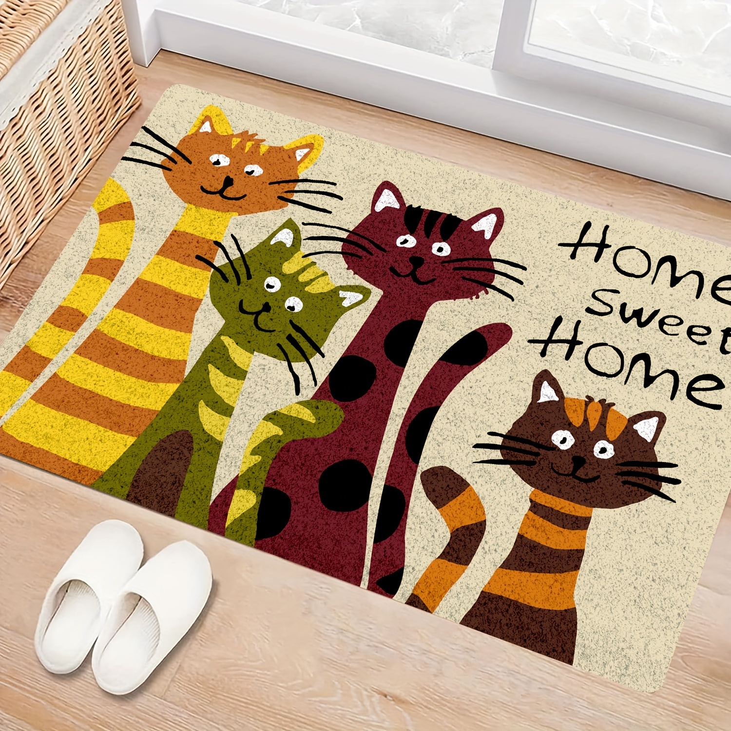 

Machine Washable Cute Cartoon Cats Doormat - Polyester Indoor With Stain Resistant, Backing - Design Living Room, Bedroom Decoration