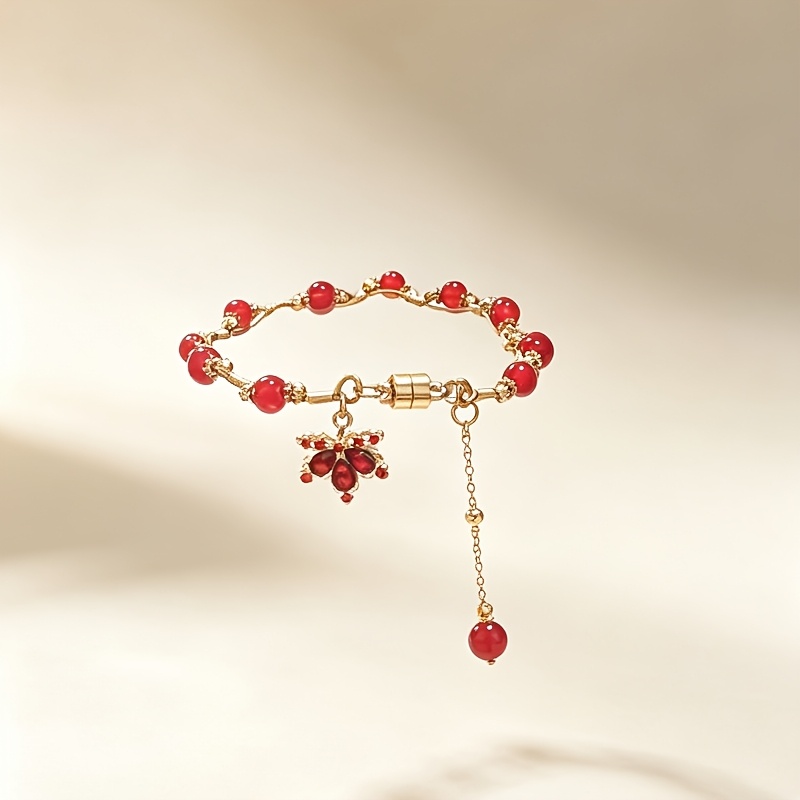 TEMU 1pc Handmade Maple Leaf Accessory Fashion Bracelet, Featuring A Light Luxury Decorative Chain With Round Beads And Maple Leaf Design, Showcasing