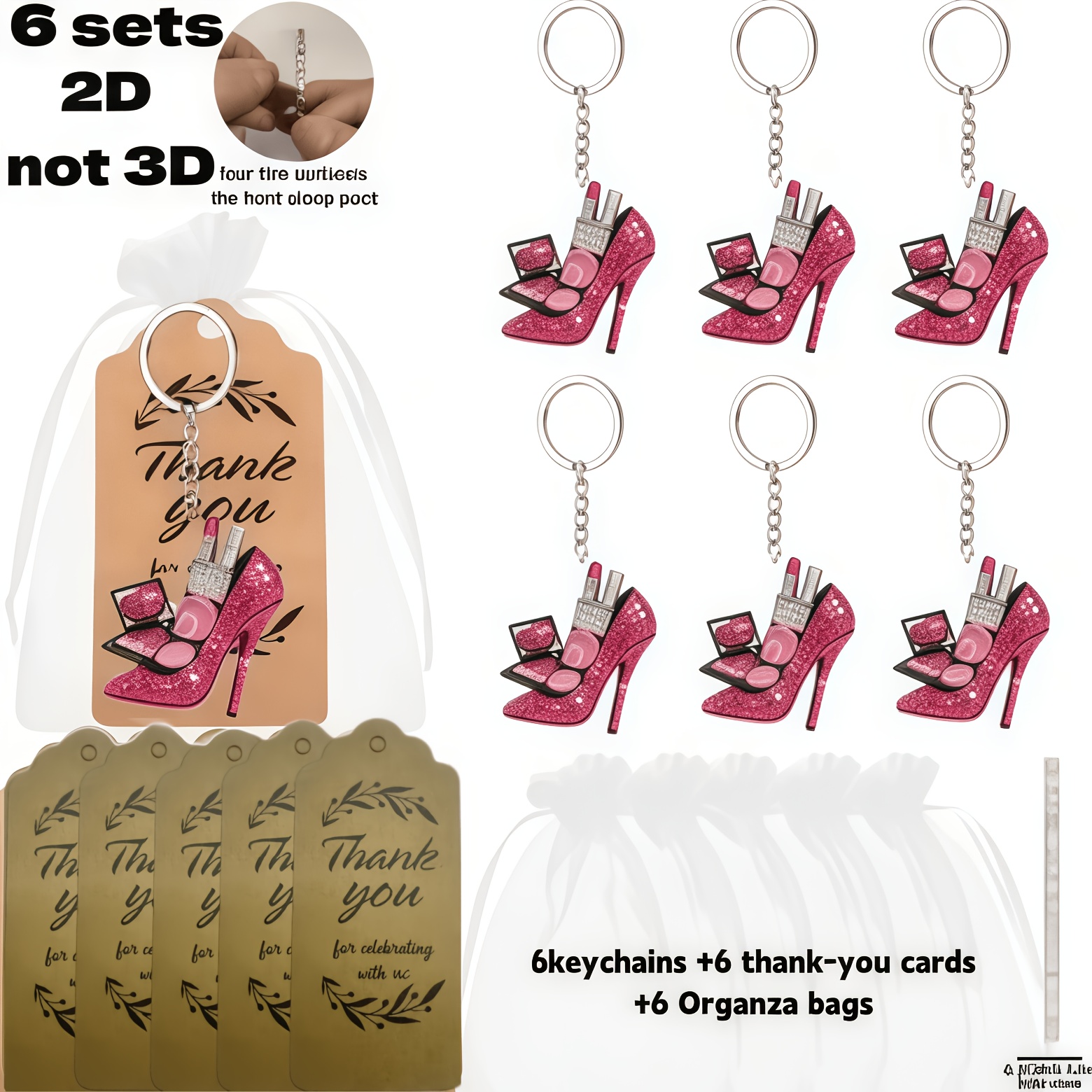 TEMU Set regalo unisex 2D piatto, stile 2D piatto, set di 6/12 (scintillanti tacchi alti con trucco) portachiavi con elementi, set regalo per feste -