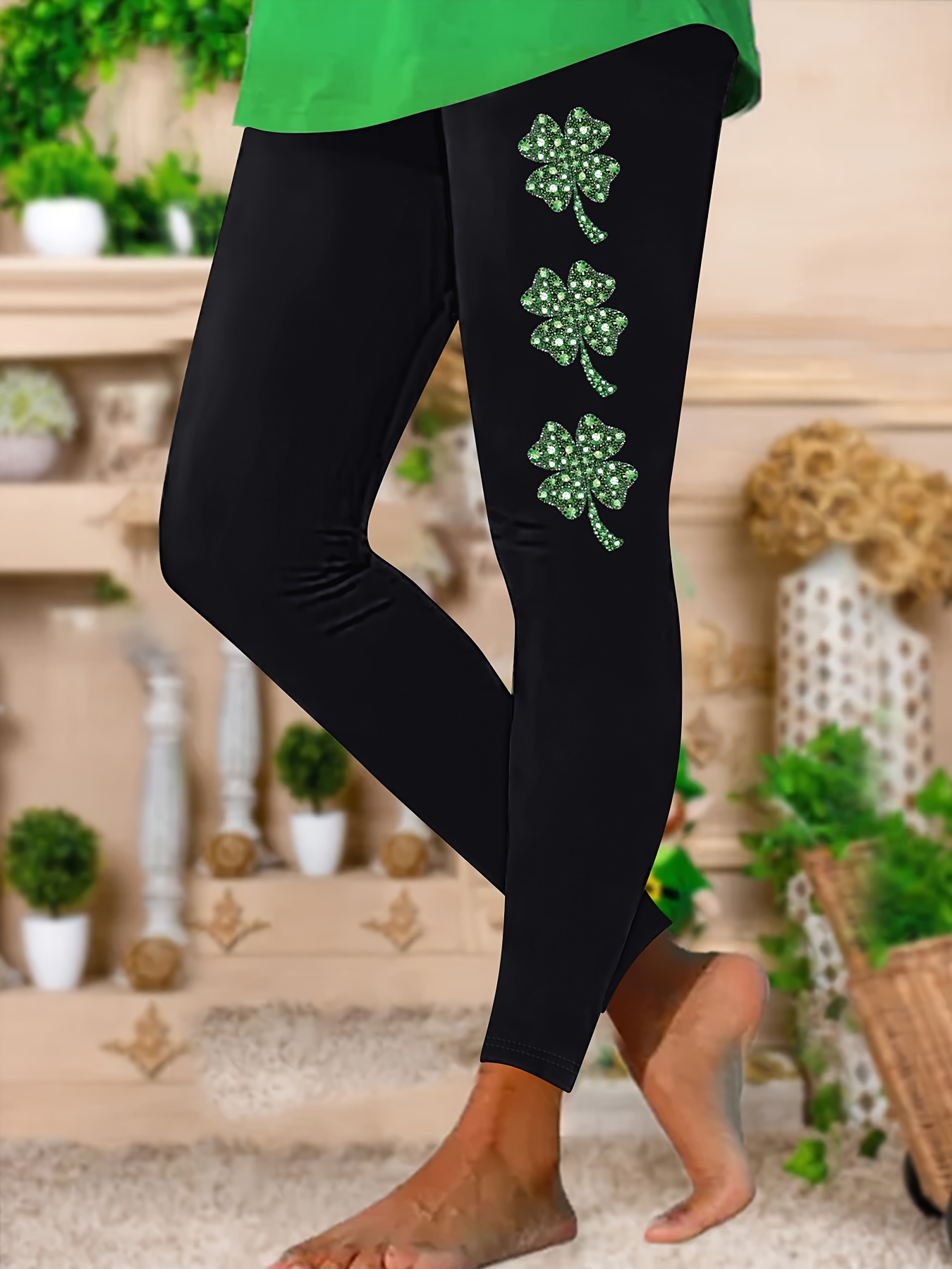 Clover Print Skinny Leggings Casual Elastic Waist Stretchy - Temu